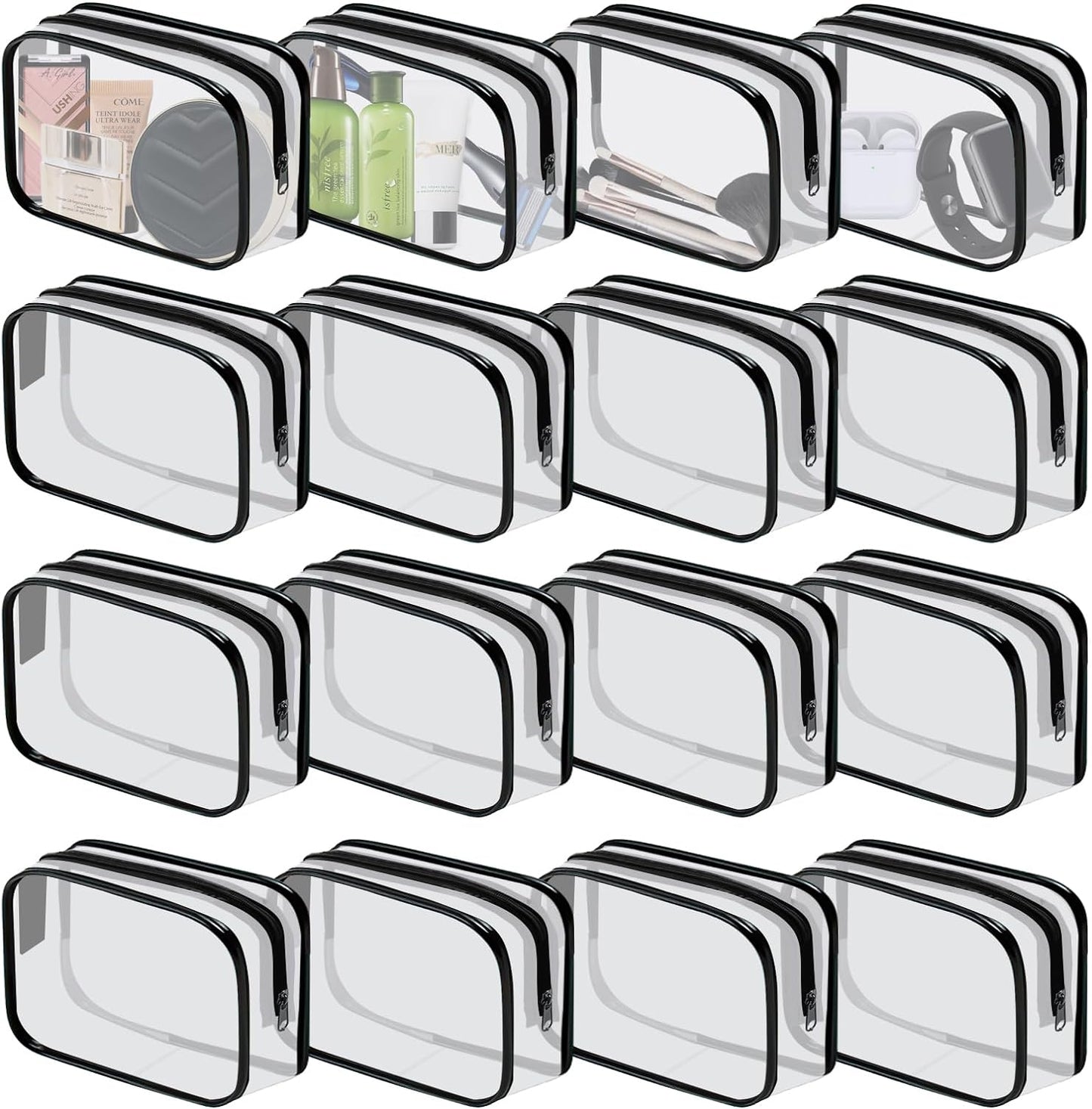 16 Pieces Clear Cosmetic Bags PVC Clear Makeup Bags TSA Approved Toiletry Bag with Zipper Waterproof Vinyl Plastic Organizer Storage Transparent Pouch for Women and Men (Black, Small)