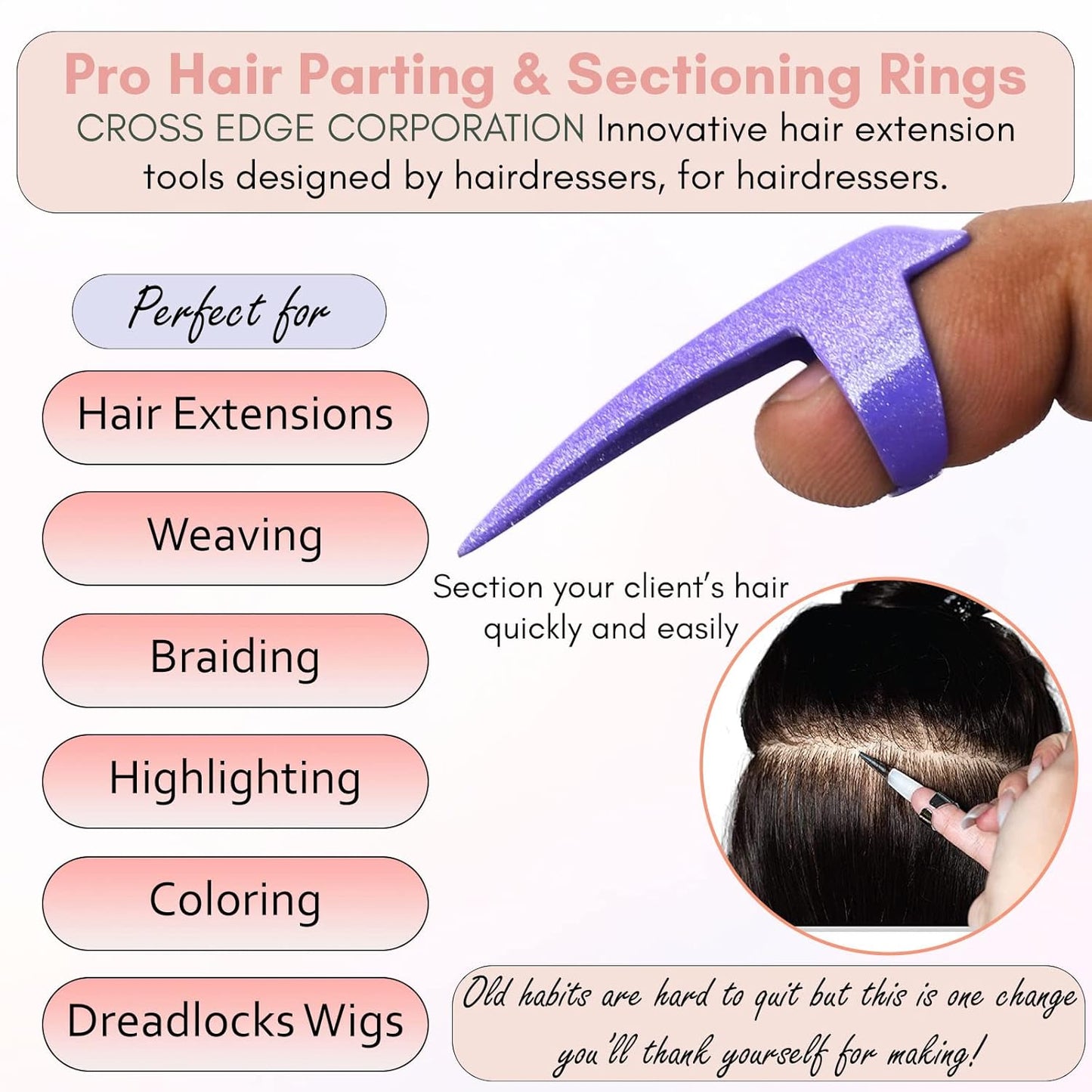 Quick Hair Parting Ring – Stainless Steel Sectioning Tool for Braids, Dreadlocks, Wigs & Remy Hair Extensions – Finger-Wear Braiding Tool Purple Glitter Finish