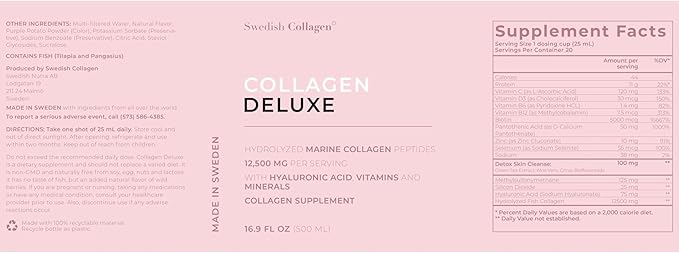 Swedish Collagen Deluxe | 12,500 mg Hydrolyzed Marine Collagen Liquid Supplement - 500 ml, 20 Day Supply | Hyaluronic Acid, Biotin and Vitamin C to Support Healthy Hair, Skin, Nails | Sugar-Free