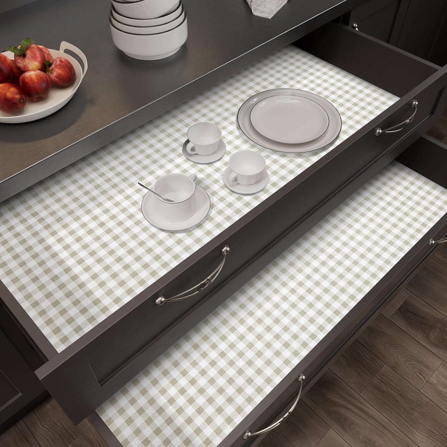 Shelf Liner for Kitchen Cabinets 24" x 120" Non-Adhesive Non-Slip Drawer Liners for Dresser, Waterproof Washable Paper, Durable Protector Mat for Pantry Shelves Cupboards, Green Plaid