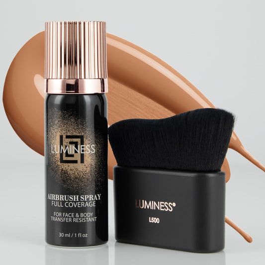 LUMINESS Airbrush Body Coverage with Self Tanner Brush - Tattoo Cover Up Makeup - Full Coverage Foundation for Face & Body - Water-Resistant, Long-Wear, Natural Radiant Finish, Light Tan