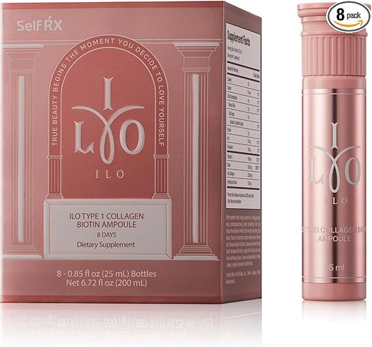 ILO Liquid Collagen Drink – 3,000mg Type 1 Marine Collagen with Biotin & Ceramide | Skin Glow & Hydration | Orange Flavor | 8 Bottles – Korean Beauty Supplement