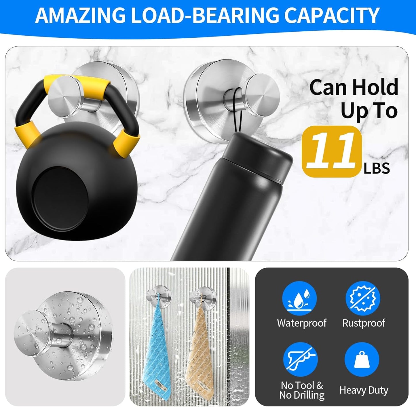 Suction Cup Hooks for Shower No Drill - Heavy Duty Stainless Steel Bathroom Hooks, Wall Mounted for Towels, Robes, Loofah - Works on Tile, Glass, Mirror, Kitchen (Silver, 4 Pack)