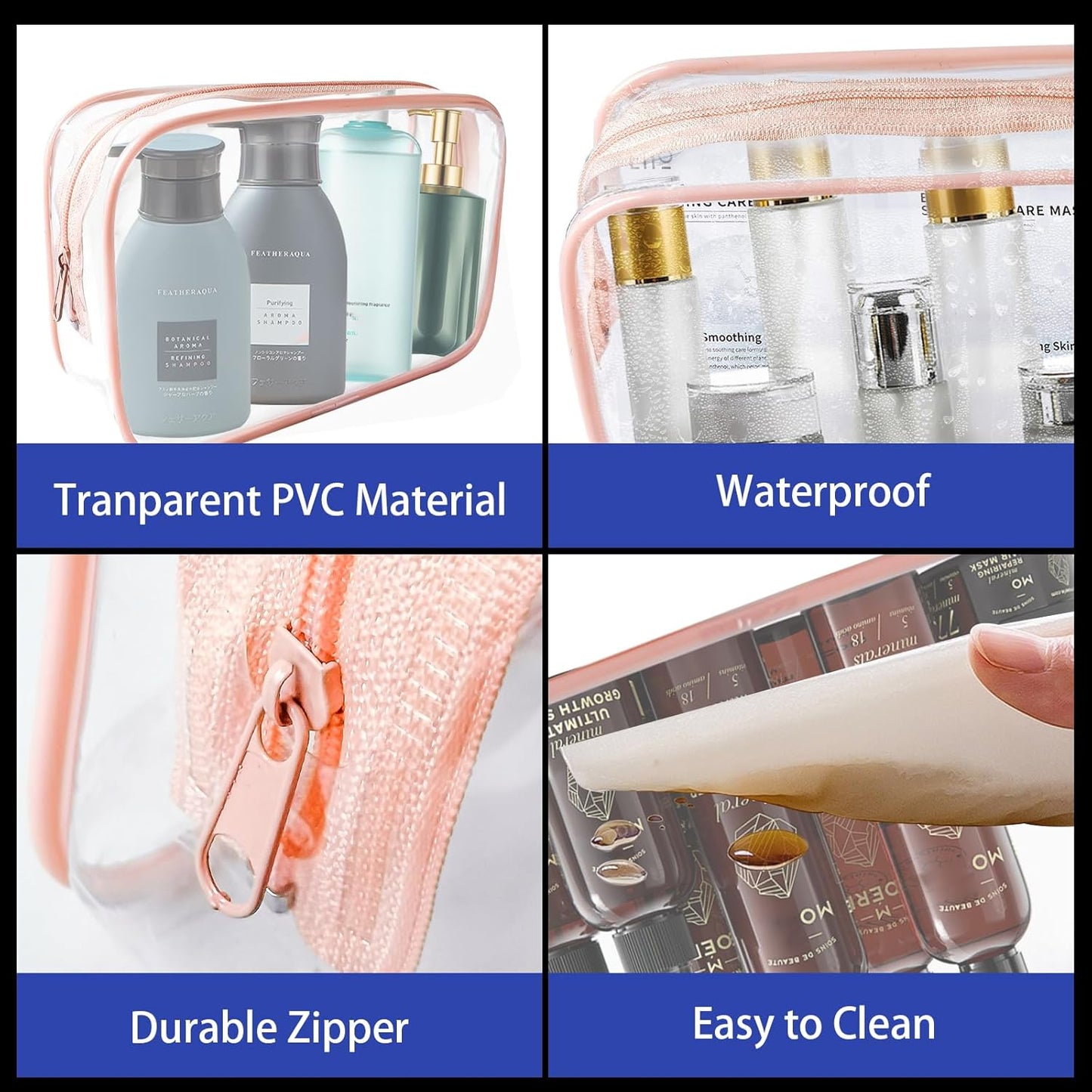 16 Pieces Clear Cosmetic Bags, Large Transparent Makeup Bags, TSA Approved Toiletry Bag for Travel, PVC Waterproof Clear Pouch with Zipper Make Up Bag for Women and Men Traveling (Rose Pink-L)