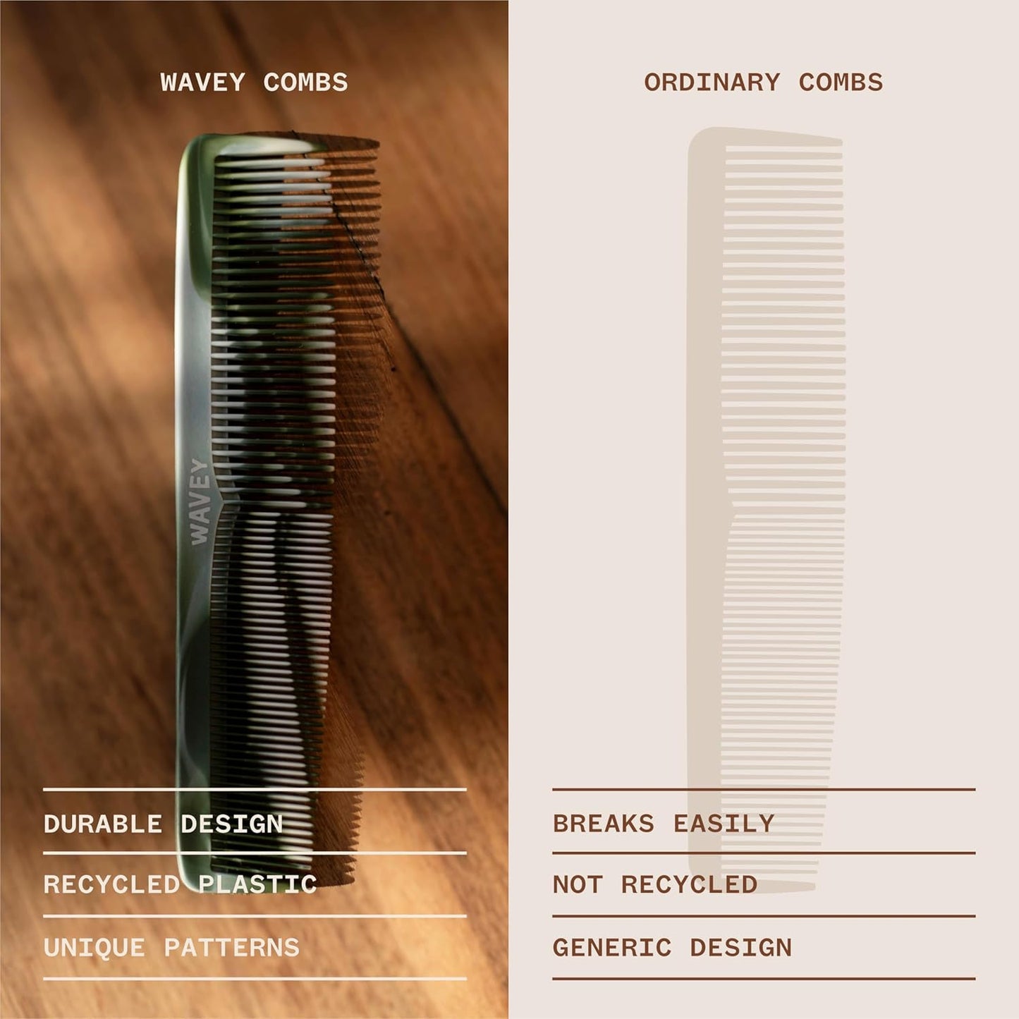 WAVEY Quality Hair Comb for Men and Women, Recycled Ocean Plastic, 7 Inches length perfect for home and travel, Wide and Fine Tooth for thick, thin, wavy, straight and curly hair styling - GREEN