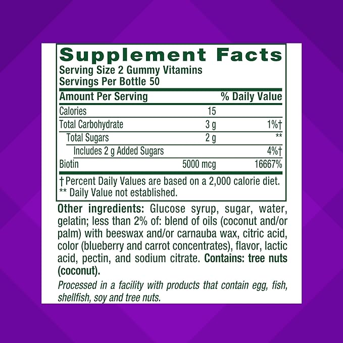 vitafusion Extra Strength Biotin Gummy Vitamins, Berry Flavored, 5,000 mcg Biotin Vitamins, America’s Number 1 Gummy Vitamin Brand, 50 Day Supply, 100 Count (packaging may vary)