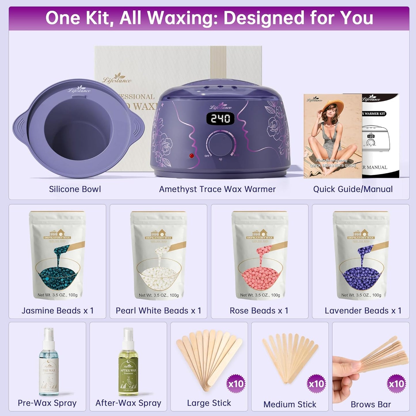 Lifestance Waxing Kit for Women & Men - L2 Amethyst Trace Digital Warmer, Silicone Wax Pot Liner, Hair Removal with 14.1oz Hard Wax Beads & Oil Spray, Professional for Home Brazilian Bikini Face Leg