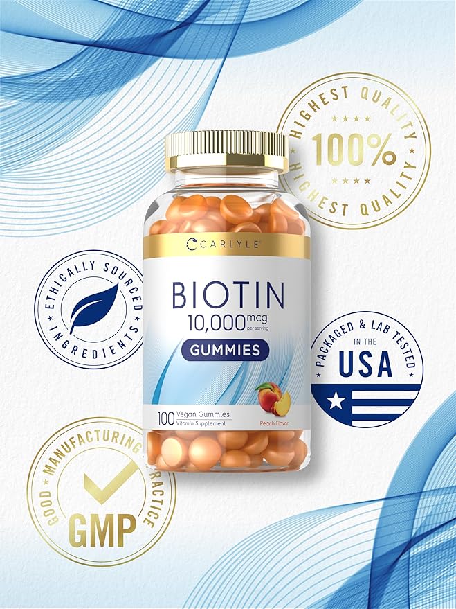 Carlyle Biotin 10000mcg Gummies | 100 Count | Peach Flavor Supplement | Vegan, Non-GMO, Gluten Free