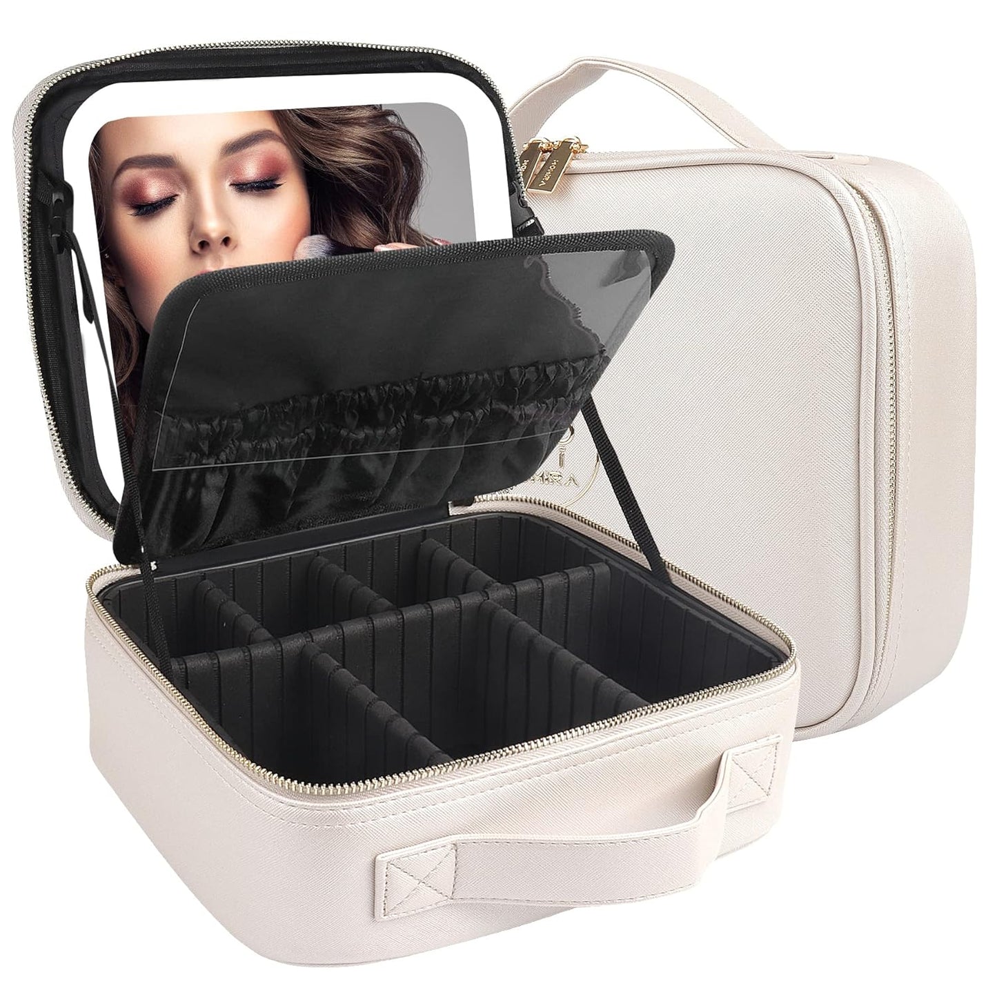 MOMIRA Travel Makeup Bag Cosmetic Bag Makeup Organizer Bag with Lighted Mirror, Adjustable Brightness in 3 Color Scenarios, Waterproof Makeup Train Case, Gift for Women - Khaki