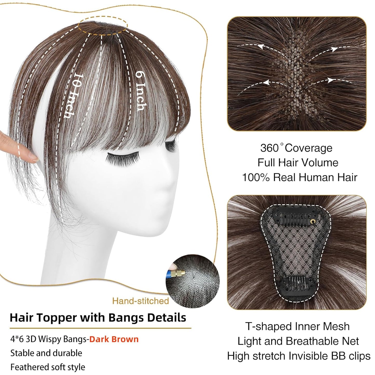 MORICA Bangs Hair Clip, 360° 3D Cover Clip in Bangs 100% Real Human Hair Toppers with Bangs，Hair pieces for Women Fake Bangs for Daily Wear (Dark Brown, 4×6 3D Bangs)
