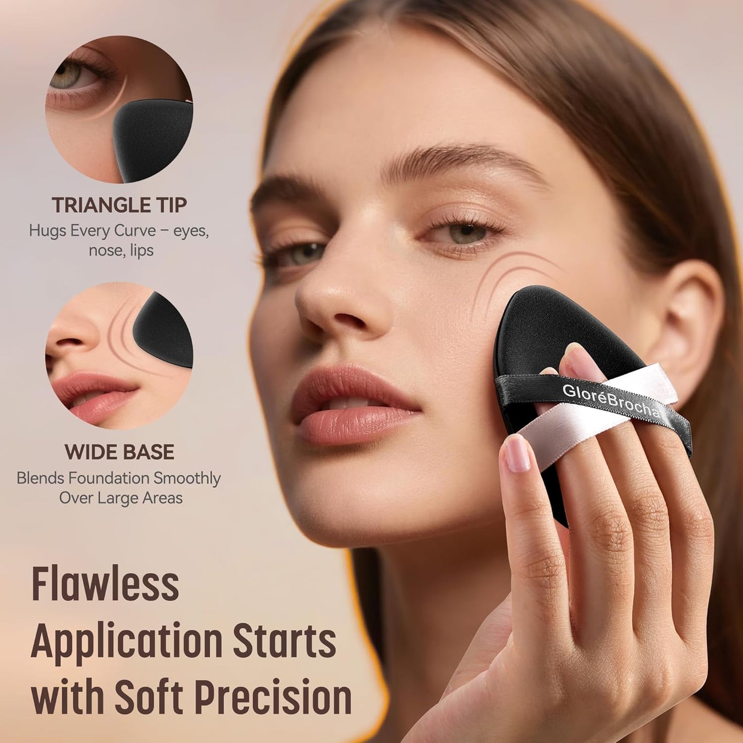 Makeup Sponge Set, GloréBrochas 4PCS Micro Porous Low Absorption Foundation Sponges, Latex-Free PU Cushion Puff, 3.2inches Soft Dual-Sided Black Powder Puff for Face Powder, Individually Wrapped