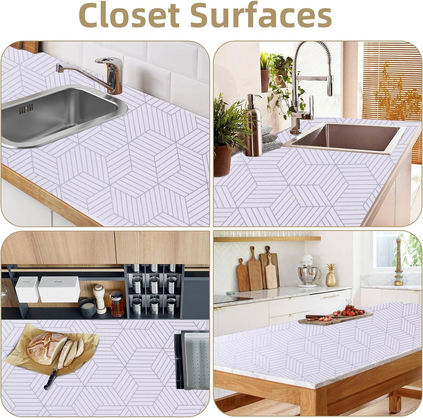 Shelf Liners for Kitchen Cabinets 12in x 20FT, Non Adhesive Cabinet Liner Strong Non-Slip Thickened Silver Geometric Easy to Clean for Shelf, Cabinet, Refrigerator with Knife and Tape Measure