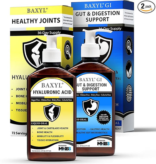 BAXYL & BaxylGI Bundle Pack - (6 fl oz Each) - Hyaluronic Acid Joint Supplement & Hylarunonan Amaferm Prebiotic Digestive Supplement.