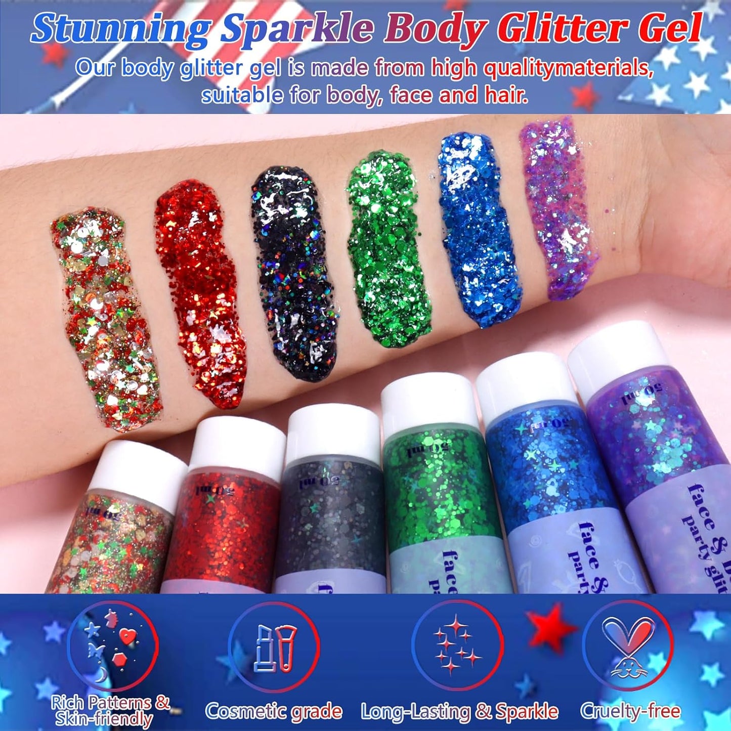 Boko Independence Day Body Glitter Gel, 50ML Red White Blue Chunky Glitter Gel for Face Hair Body Makeup, Patriotic Glitter for 4th of July Memorial Day Veterans Day Flag Party Event Rave Accessories
