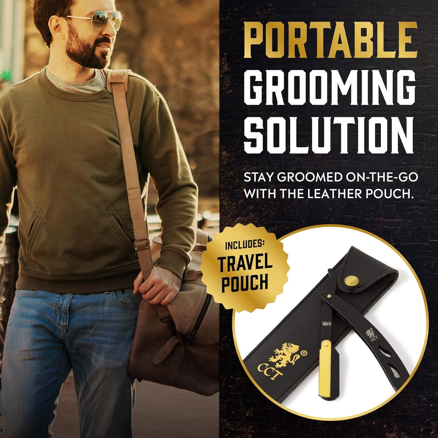 The Cambridge Cutthroat® Cut Throat Razor Kit with Blades & Travel Pouch - Black & Gold Stainless Steel Professional Barber Shaver Men - Straight Edge Moustache & Beard Shaper