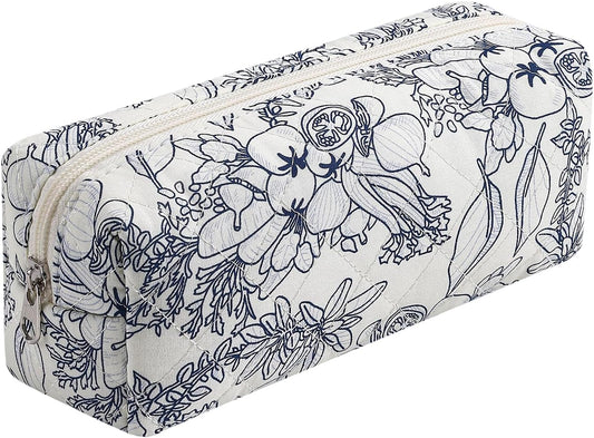 Cute Floral Cotton Makeup Brush Cosmetic Bag for Women, Travel Quilted Zipper Make Up Bag, Flowers Toiletry Organizer Case Kawaii Makeup Cosmetic Travel Cloth Pouch (Navy Blue Flower)