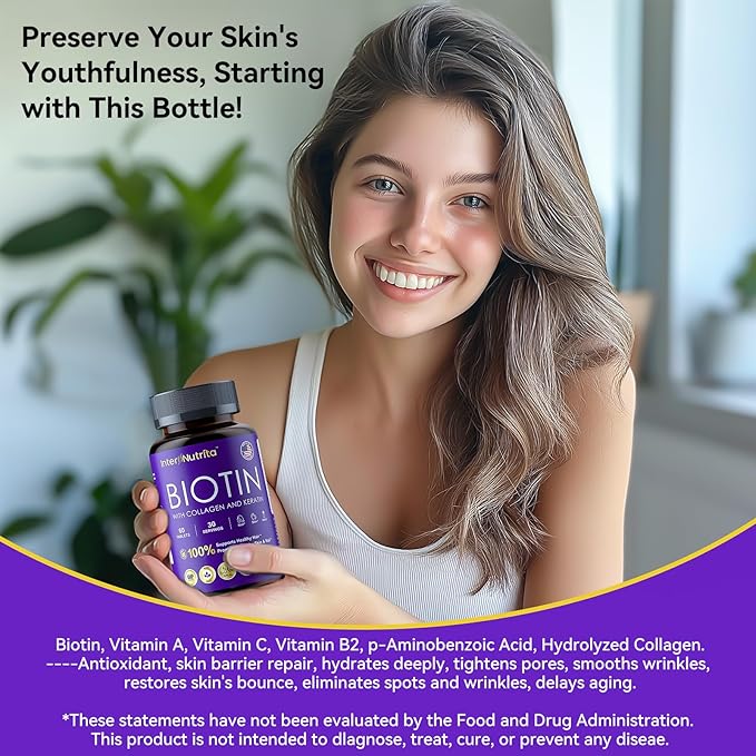 Biotin with Hydrolysed Collagen and Keratin, 5000mcg Biotin for Hair Growth，Skin & Nails & Energy Production，USA Made - Vitamin A, C, D3, E, B1, B2, B7, B12 Complex