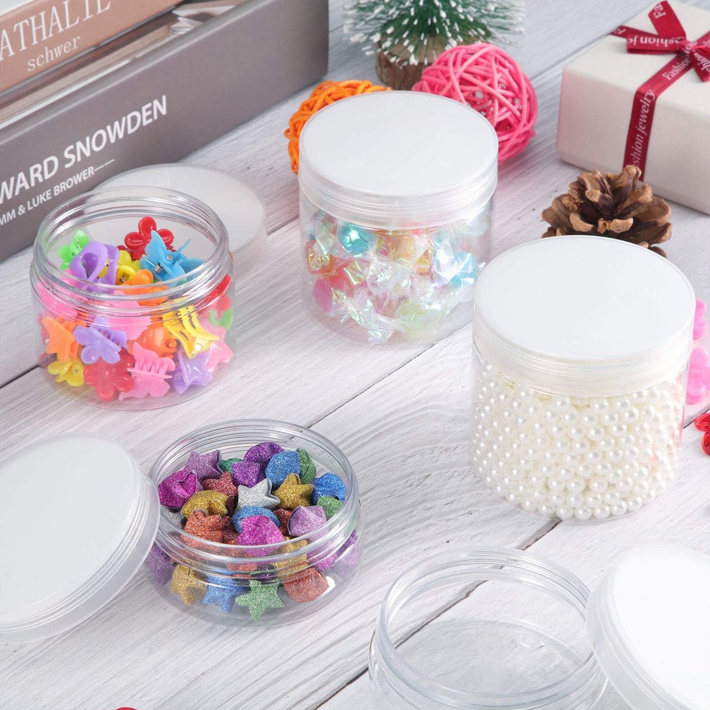 SATINIOR 12 Pack 4 oz Plastic Container Jars with Lids Round Clear Travel Cosmetic Container Jars for Toiletries, Lotion, Cream, Ointments, Makeup, Rhinestone, Samples, Kitchen Storage, White