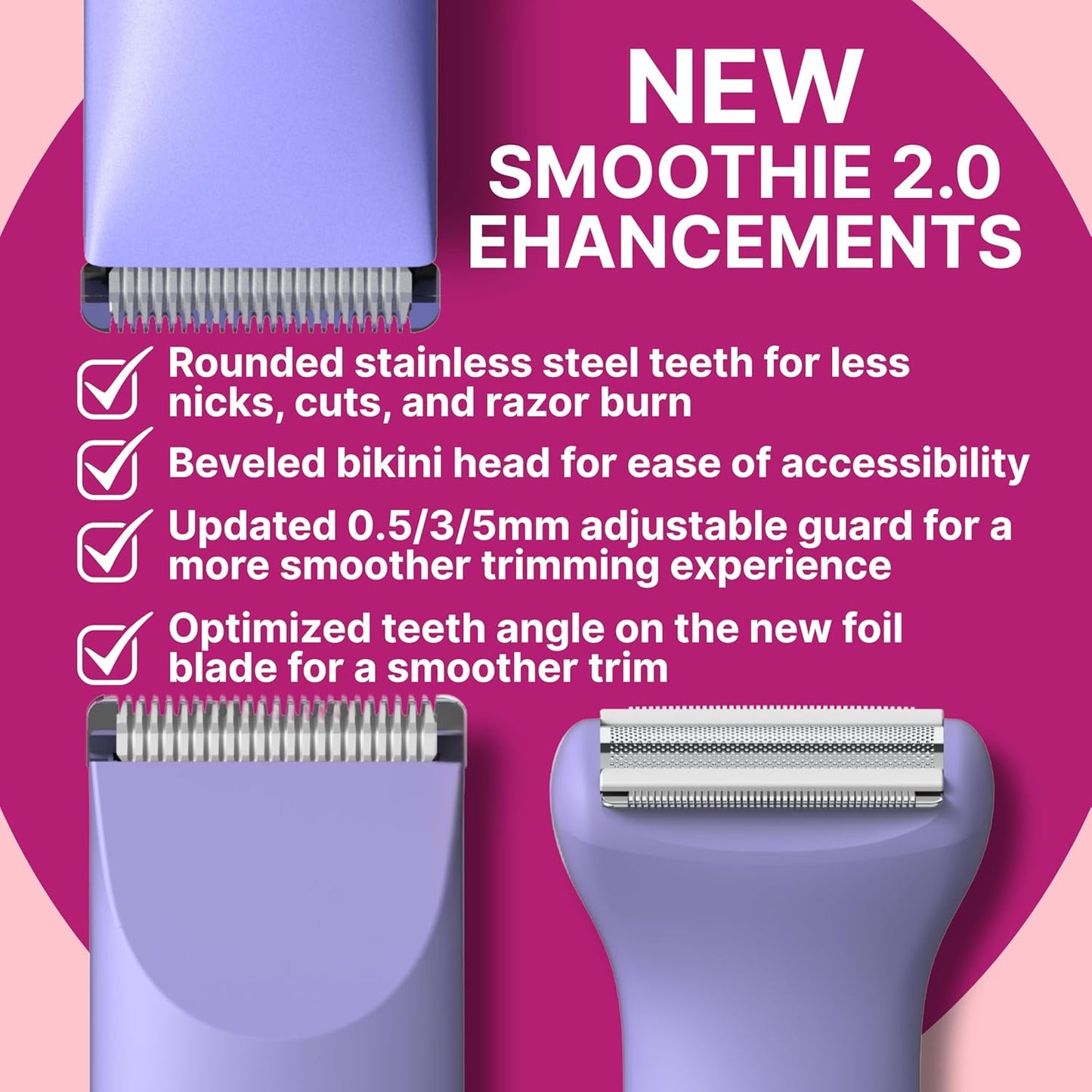 HAPPY CURVES Smoothie 2.0 Bikini Trimmer - Electric Razor for Women, Waterproof Hair Groomer with Adjustable Guards, Personal Shaver for Pubic Hair, Ladies Intimate Shaver and Body Trimmer (Mango)