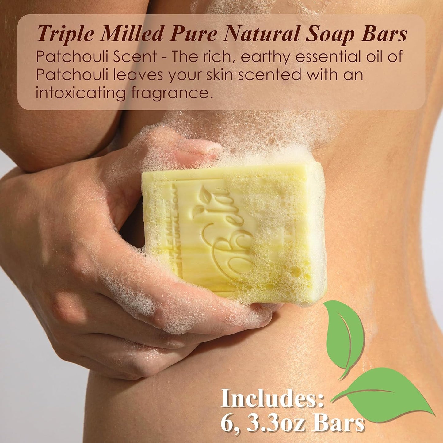 BELA Patchouli Soap 3.3 OZ Pack of 6, French Triple Milled Bar Soap with Organic Shea Butter, Hand, Face and Body Patchouli Bar Soap Made in Australia