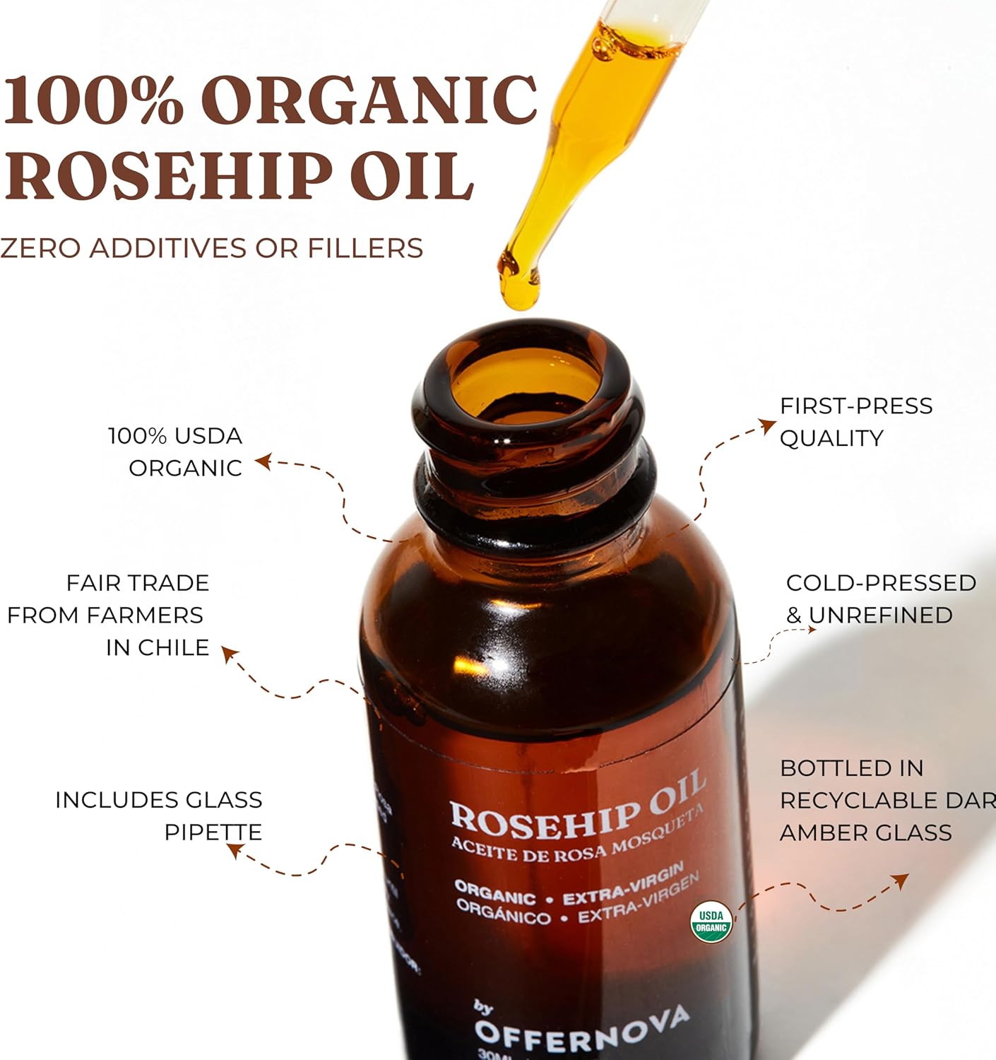 Offernova Organic Rosa de Mosqueta Oil- USDA Certified Rosehip Seed Oil Pure Cold Pressed, Repairs & Brightens Skin - Gua Sha Massage, Face, for All Skin Types - Aceite Facial 1OZ
