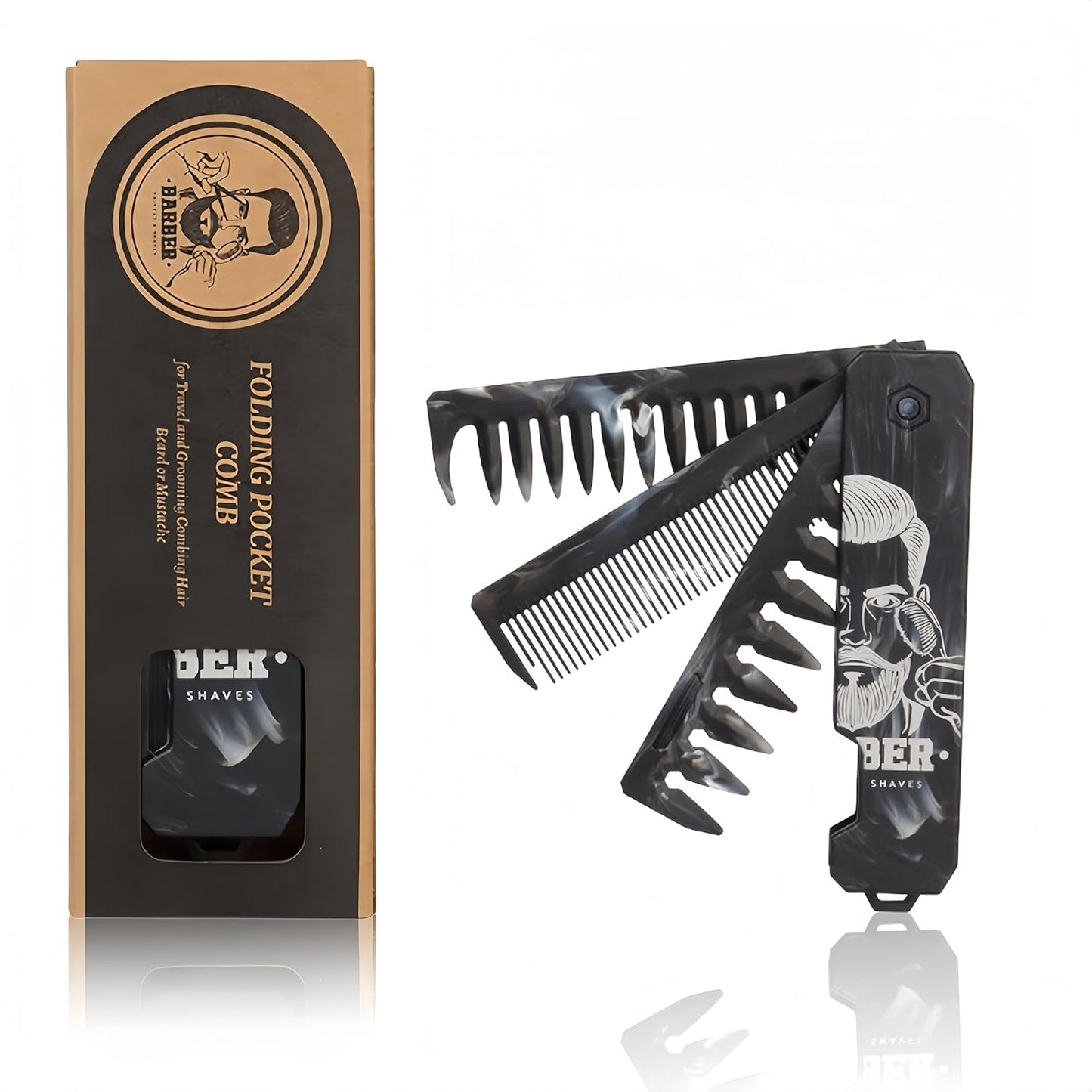 1PC 3 In 1 Folding Pocket Comb for Men, Fine & Wide Tooth for Travel and Everyday Grooming Combing Hair, Beard or Mustache Styling Comb for Slicked-back, Quiff, Pompadour, Fauxhawk, Undercut