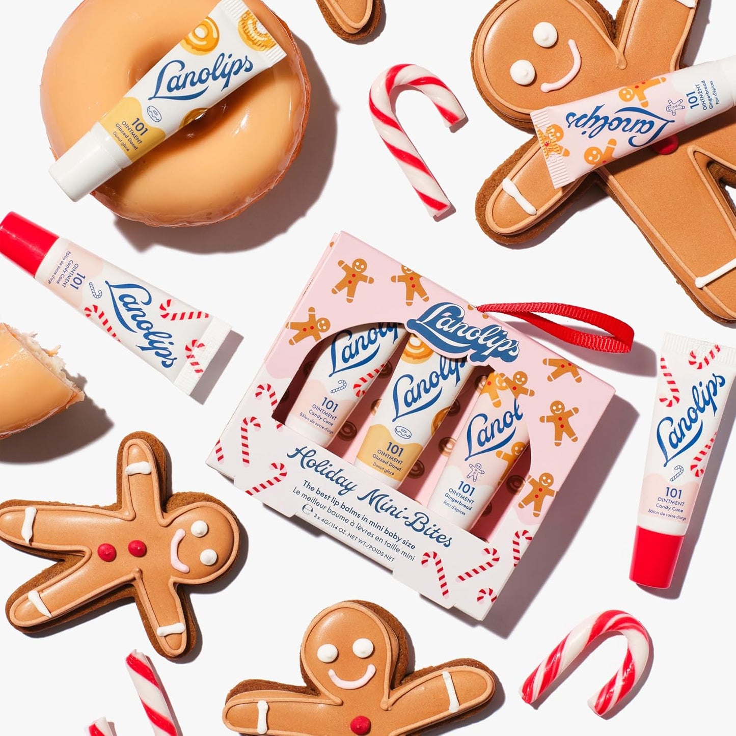 Lanolips Holiday Mini Bites Gift Set - Includes 101 Ointment Lanolin Lip Balm in Candy Cane, Glazed Donut & Gingerbread - Limited Edition Lanolin Holiday Gifts (3 Pieces)