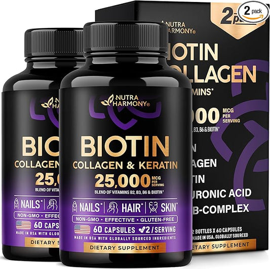Biotin | Collagen | Keratin | 25000 mcg B1 | B2 | B3 | B6 | B7 - 120 Capsules