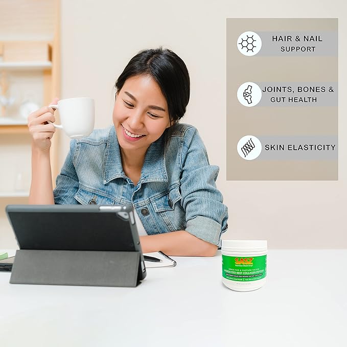 SASZ Hydrolyzed Bovine Collagen Peptides Powder 1lb Jar Clean Collagen Unflavored Grass-Fed Non-GMO Kosher Highly Soluble Protein