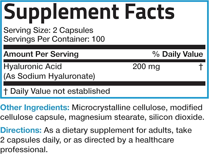Bronson Hyaluronic Acid 200 MG High Potency Joint Health & Healthy Skin Support, Non-GMO, 200 Vegetarian Capsules