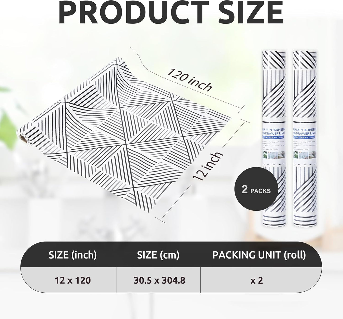 RAY STAR 12X120 Inch Shelf Liner for Kitchen Cabinets, Non-Adhesive Cabinet Liner Washable, PVC Drawer Liner for Dresser Non-Slip Bathroom (Classic Black)(2 Roll)