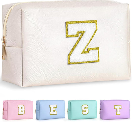 TOPEAST Preppy Makeup Bag, Small Cosmetic Travel Bags for Women, PU Leather Waterproof Toiletry Bag with Zipper, Personalized Birthday Gift for Women Girl, Preppy Gifts for Girl (White Z)