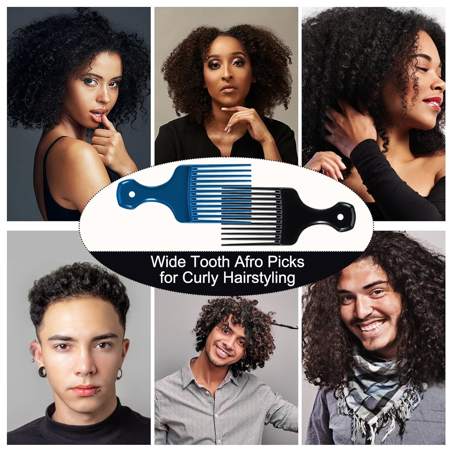 SIMPOR 2 Pcs Hair Pick Comb Wide Tooth Lift for Hair Styling Detangling Plastic Afro Pick for Women Men (Metallic Blue, Black)