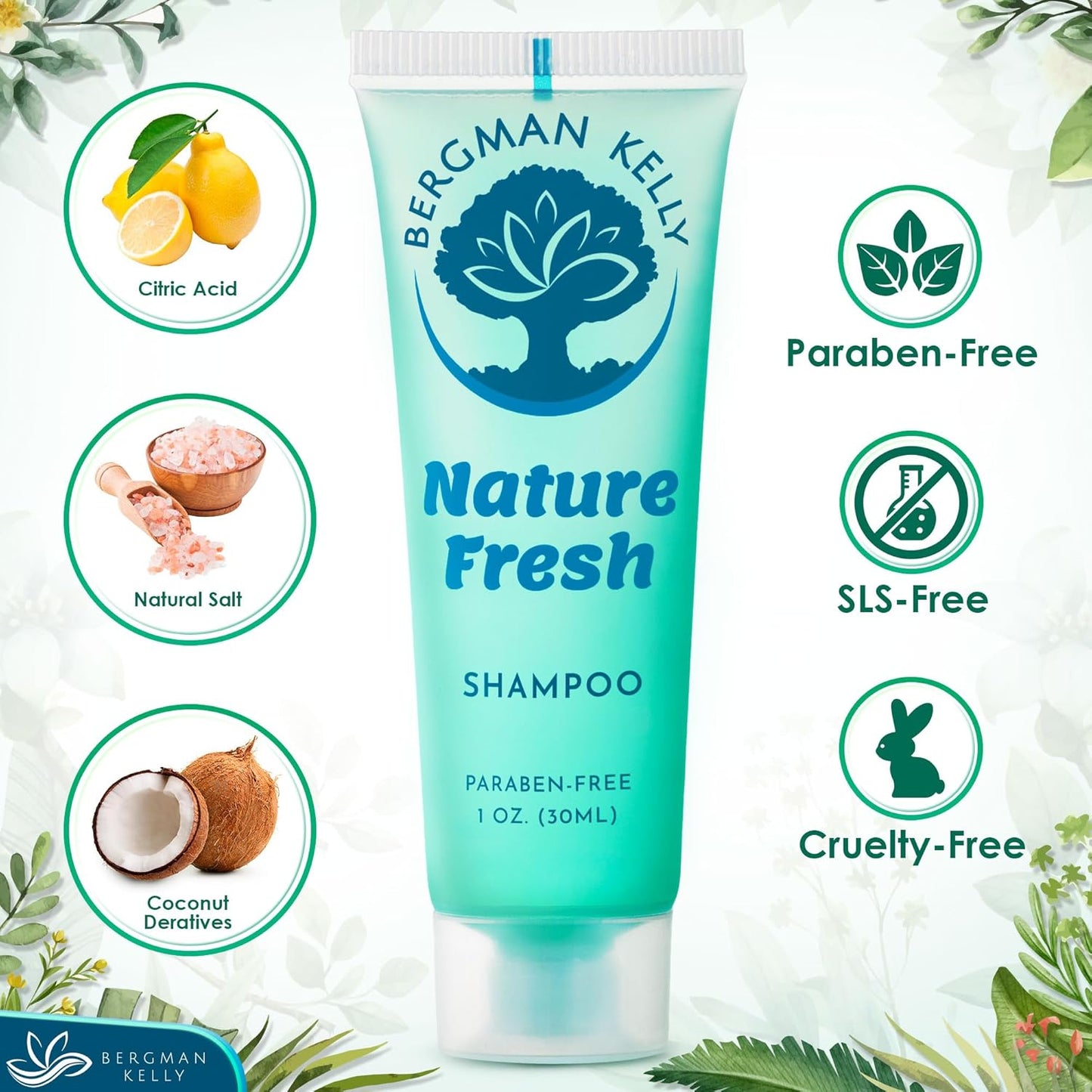 BERGMAN KELLY - Travel Size Hotel Shampoo - 1 fl oz, 100 PK, Nature Fresh - Delight Your Guests with Revitalizing & Refreshing Hair Cleanser for Guest Hospitality - Mini & Small Size Shampoo Bulk