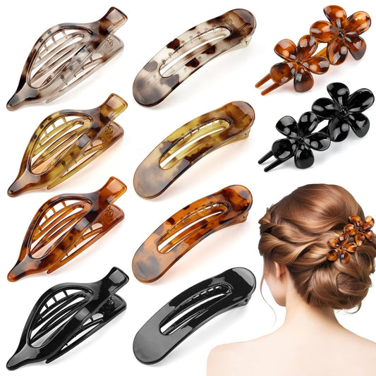 10 Pcs Flat Hair Clips for Women, 3 Styles Tortoise Flat Claw Clips, Strong Hold No Slip French Flat Hair Clips for Thin Thick Curly Hair, Tortoiseshell