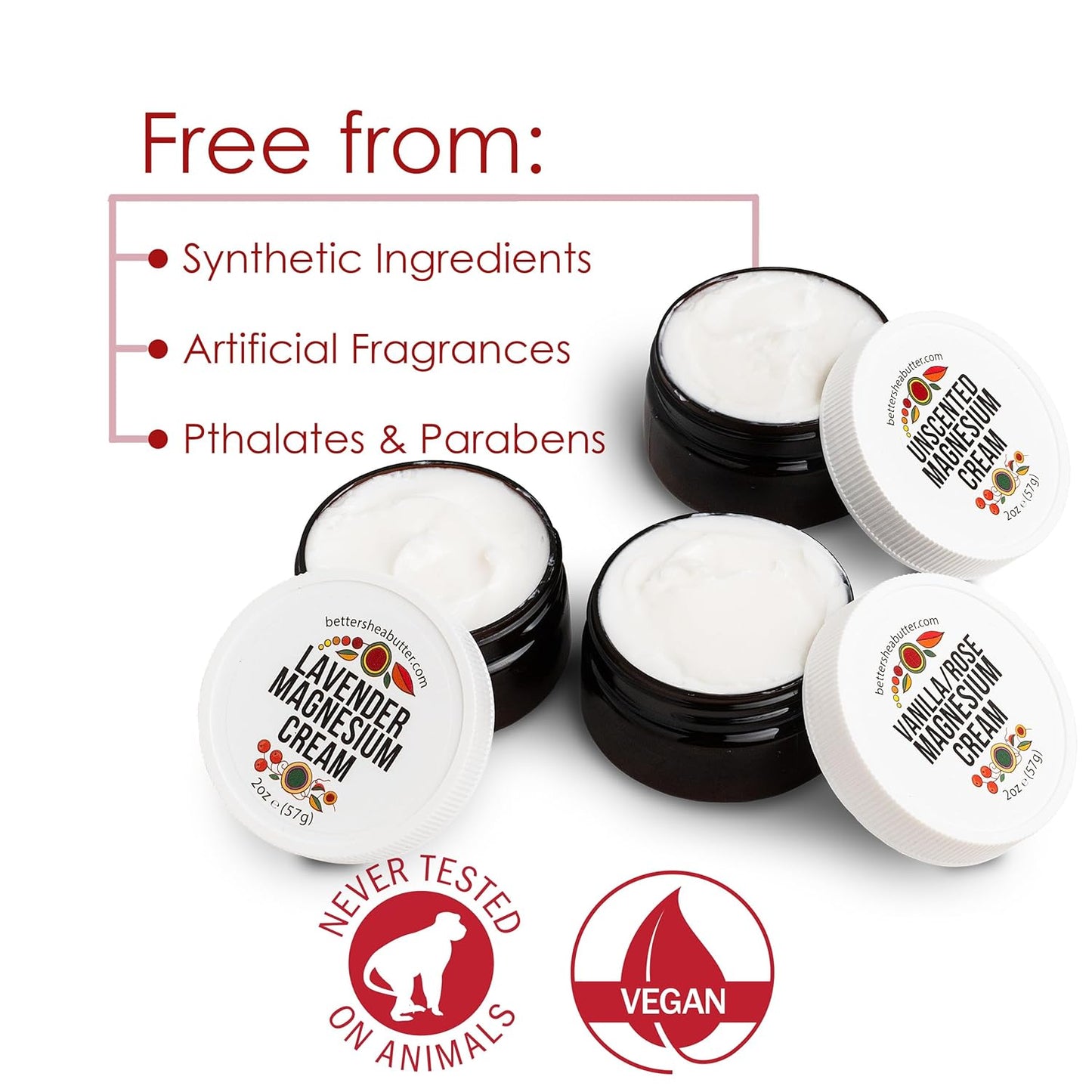 Better Shea Butter Magnesium Cream Variety Pack | for Leg Cramps | Vanilla Rose, Unscented and Lavender Travel Size Lotion Minis for Women and Men | Safe for Pregnancy, Kids & Babies 3 x 2oz Jars