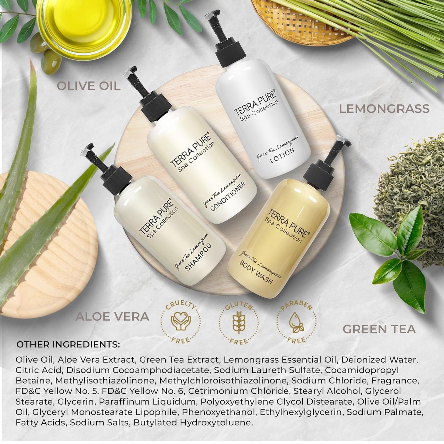 Terra Pure Spa Collection Amenities Set,10.14oz. Pumps (1 of Each) Shampoo, Conditioner, Hand/Body Wash, and Lotion