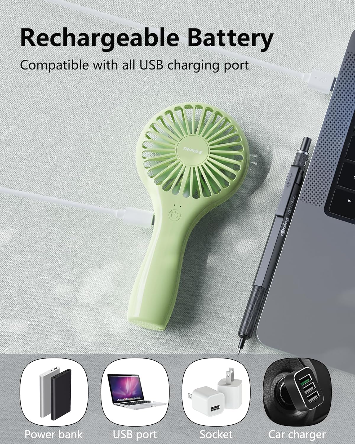 TriPole Mini Handheld Fan Personal Portable Fan, Battery Operated Rechargeable Fans Speed Adjustable Powerful Small Eyelash Fans for Stylish Kids Girls Women Indoor Outdoor Travelling, Green