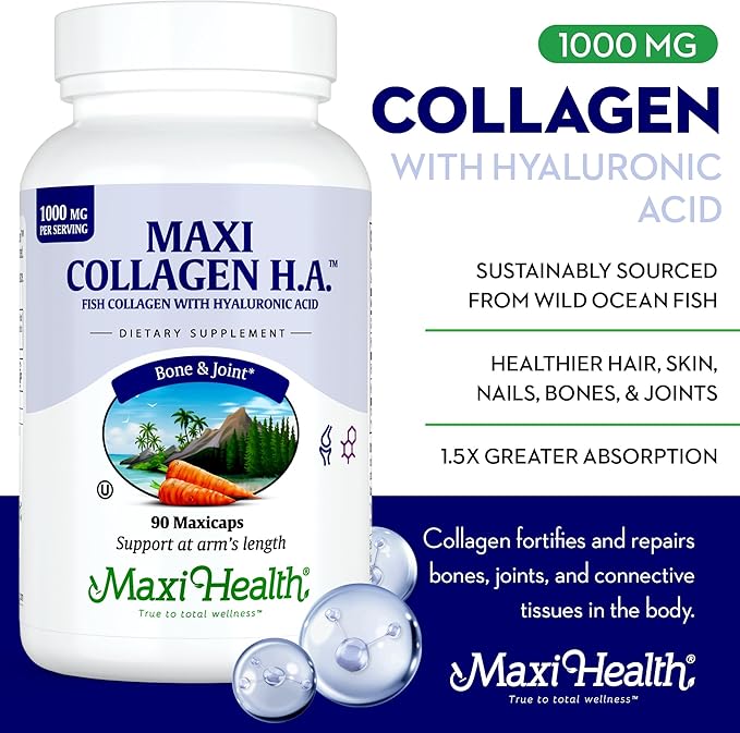Maxi Health Collagen with Hyaluronic Acid - Type I Fish Collagen Protein for Women and Men (90 Count (Pack of 1), Unflavored Capsule)