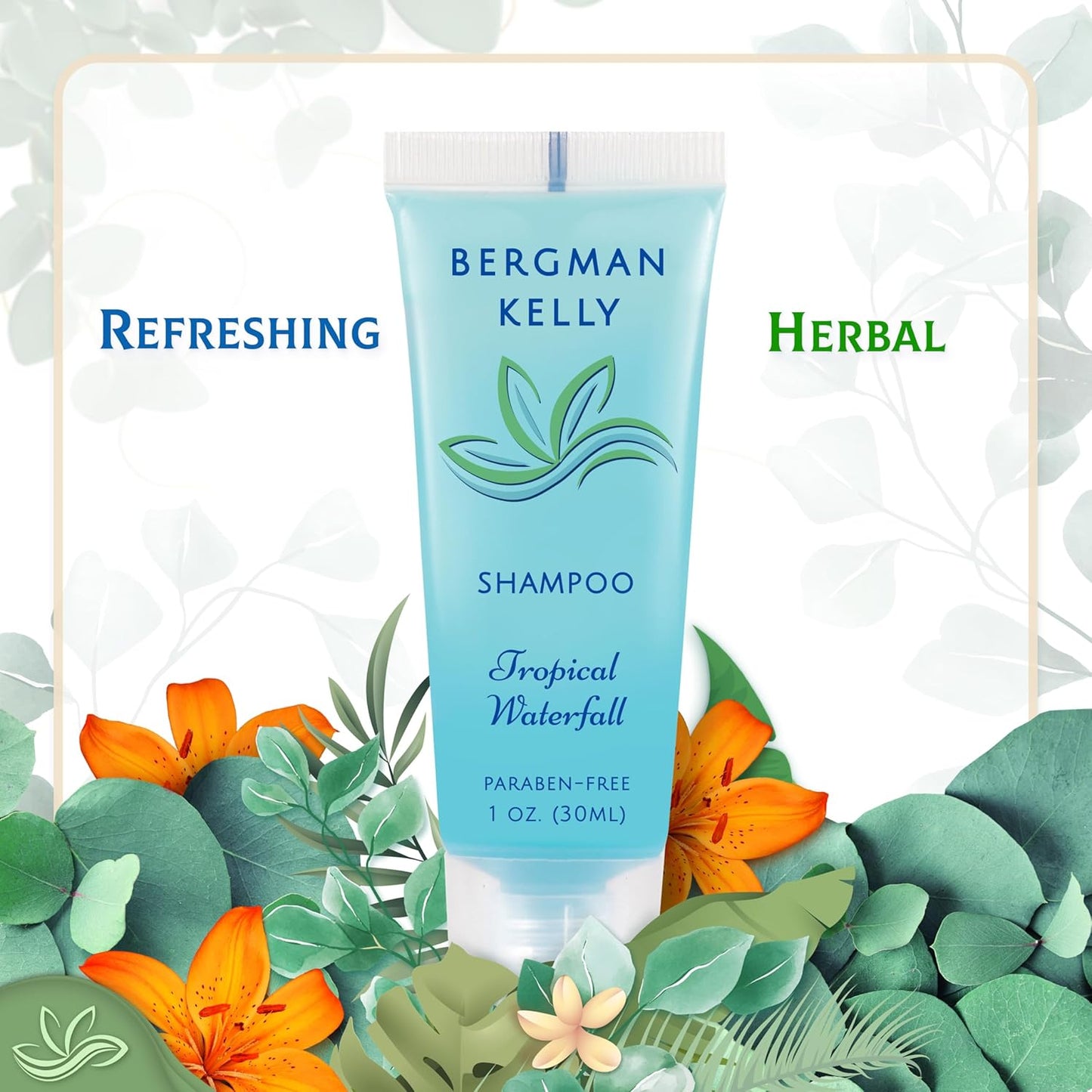 BERGMAN KELLY - Travel Size Hotel Shampoo - 1 fl oz, 100 PK, Tropical Waterfall - Delight Your Guests with Revitalizing & Refreshing Hair Cleanser for Guest Hospitality - Bulk Small Size Shampoo