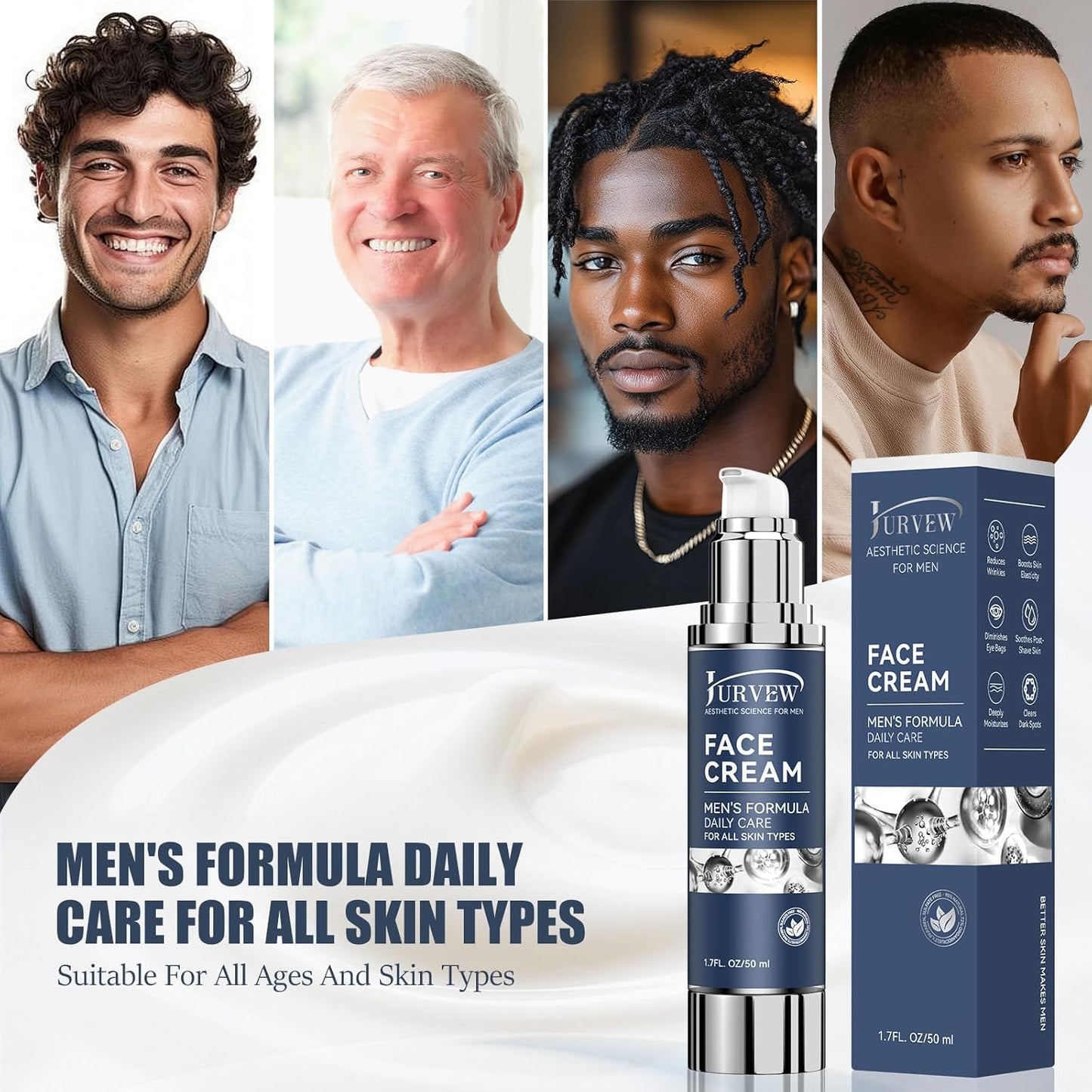 6-in-1 Face Cream for Men - Anti-Aging Moisturizer with Hyaluronic Acid & Niacinamide, Reduces Wrinkles, Dark Spots, Under Eye Bags, For Dry Skin, Daily Hydrating Face & Eye Treatment (1.7 Oz)