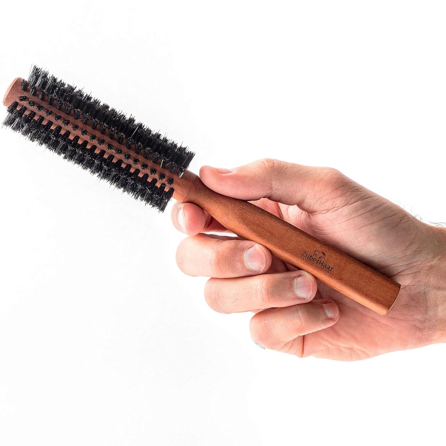 ZilberHaar - Styler Hair and Beard Round Brush - 1.3 Inch Stiff Boar Bristles and 8.5 Inch Pearwood Handle - 222 Plugs of Bristles - Beard Grooming Brush for Men