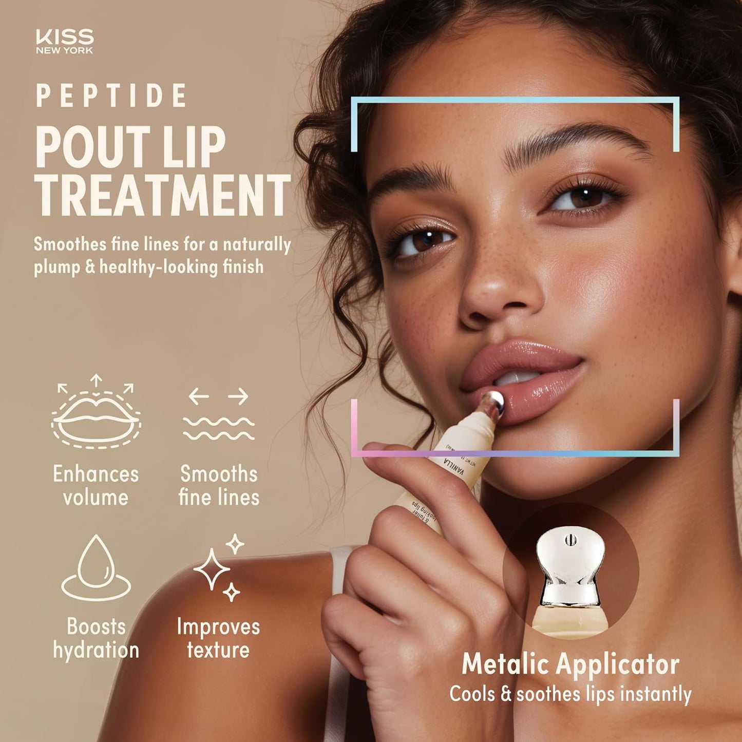 KISS NEW YORK Peptide Lip Treatment, Hydrating & Non-Sticky Tinted Plumping Balm, Shea Butter, Castor Oil & Squalane Reduces Look of Fine Lines, Softer & Fuller Lips with Cooling Metal Tip (Vanilla)
