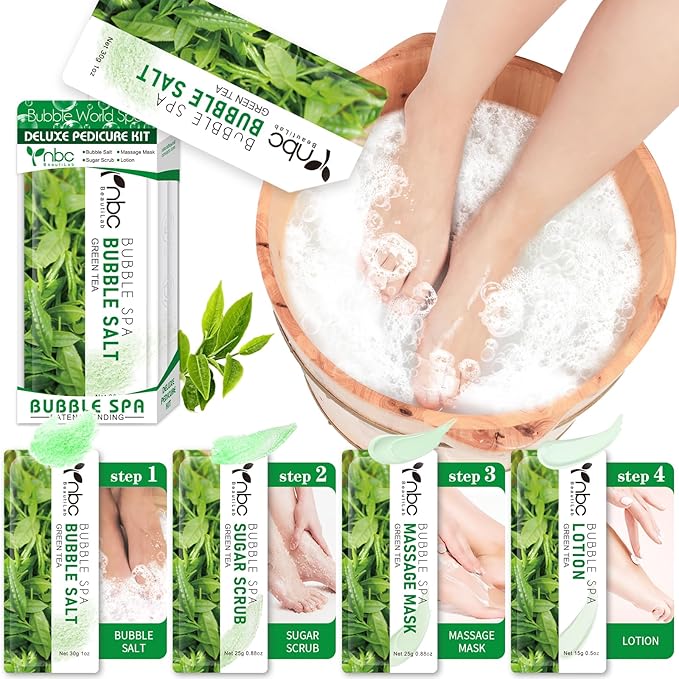 Pedicure Kit Foot Soak Set: Bubble Salt, Sugar Scrub, Massage Mask, Massage Lotion in a Box, 4 Step Foot Spa Kit for Dry Feet, Calluses and Tired Feet (1 Set Green Tea)