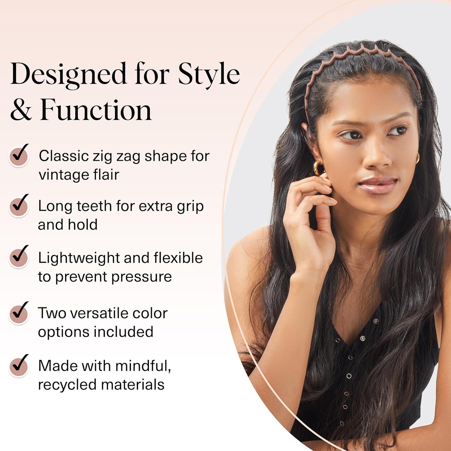 Kitsch Zig Zag Headbands for Women Non Slip – Fashion Accessories for Slicked Back Styles - Comfortable Comb Headband with Teeth | Ideal Gifts for Women - Neutral - 2 pcs