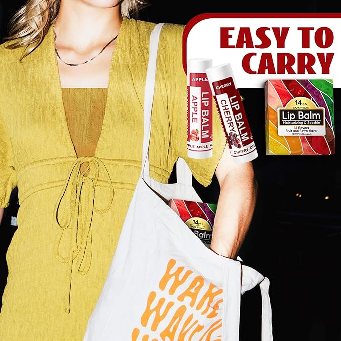 Yopela 14 Pack Natural Lip Balm in Bulk with Vitamin E and Coconut Oil - Moisturizing, Soothing, and Repairing Dry and Chapped Lips Valentine's Gift - 14 Flavors - Non-GMO - With Greeting Card