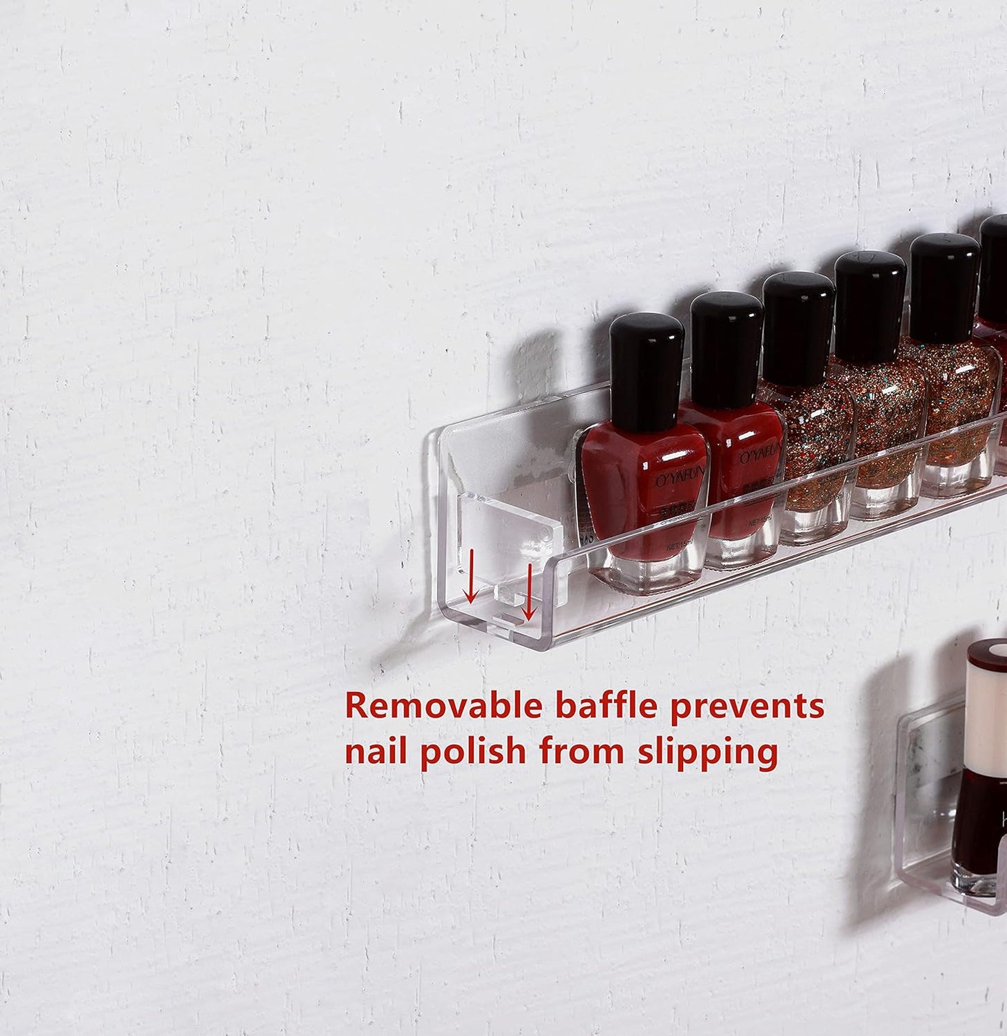 LikeU Nail Polish Rack Wall Mounted Shelf 4 Pack, Clear Acrylic Holder Organizer With Removable Anti-slip End Inserts, 4 Tiers Floating Display for 60 Bottles