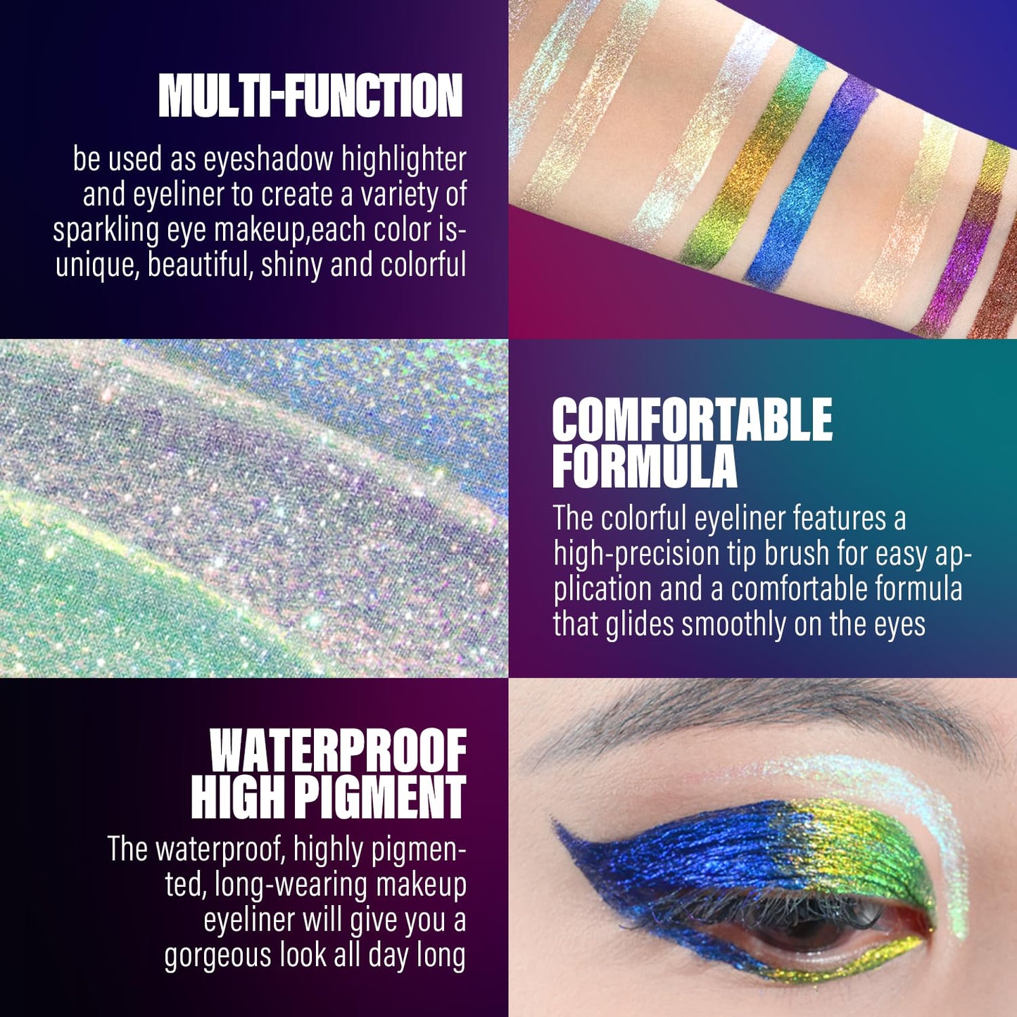 Multichrome Eyeliner,3 Colors Colorful Chameleon Eye Liner Set,Metallic Holographic Eyeliner Pen For Halloween Makeup,Waterproof Smooth High Pigment Eyeshadow Highlighter(104+105+106)