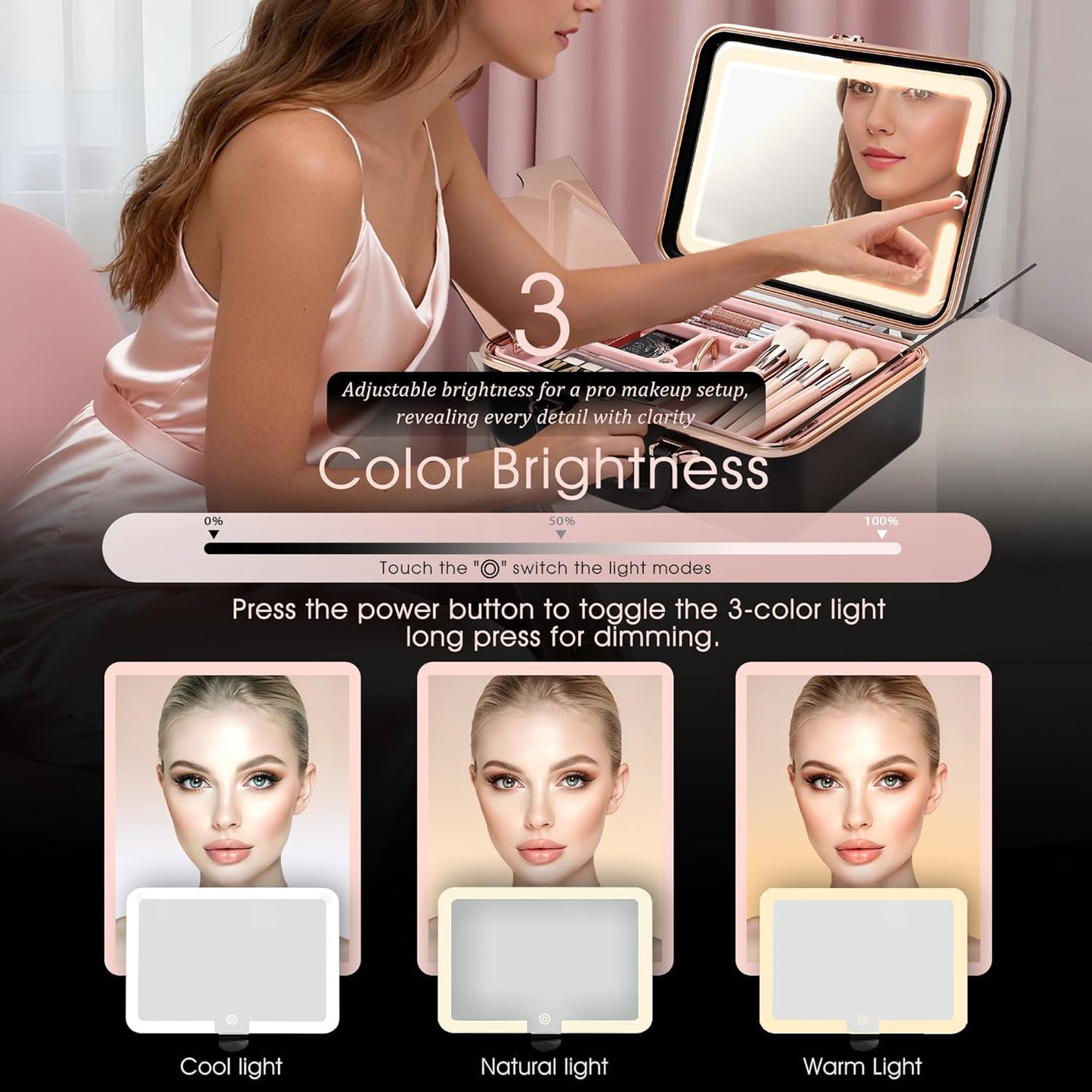 Travel Makeup Case with LED Lighted Mirror 12 Inch Portable Makeup Box Organizer Adjustable Brightness in 3 Colors Cosmetic Storage Case with Dividers Hard Aluminum Shell Vanity Box Black