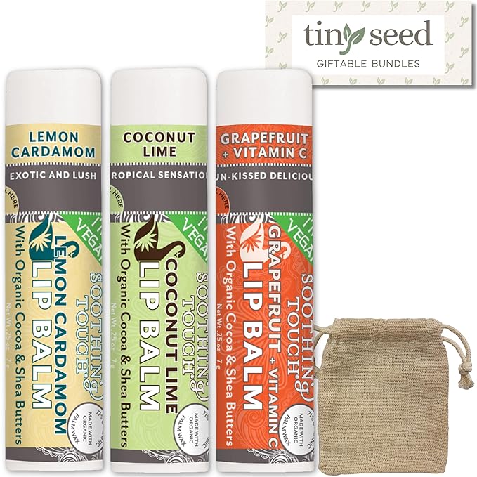 Vegan Lip Balm Set - Variety Pack of 3 Soothing Touch Lip Balms. Large 0.25 oz size. Includes Bonus Muslin Pouch (3 x 4 in) Unique Gift Bundle from Tiny Seed (Lemon Cardamom, Coconut Lime, Grapefruit)